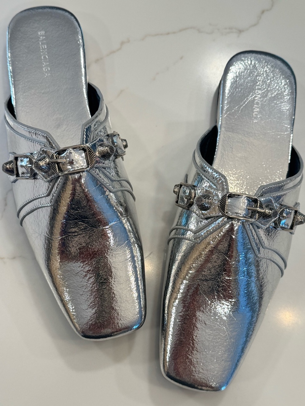 Balenciaga Silver Metallic Studded Leather Mule Shoe -MATCH YOUR BAG!